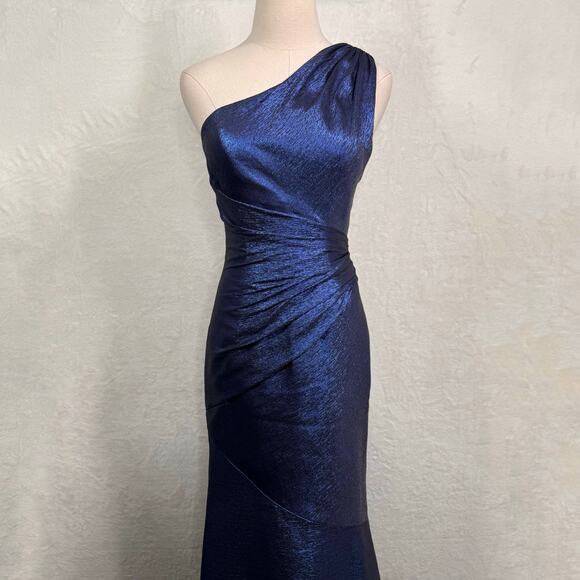 Theia One Shoulder Ruched Gown Sail Blue Silk Metallic Formal Wedding Size 2 - Picture 4 of 14